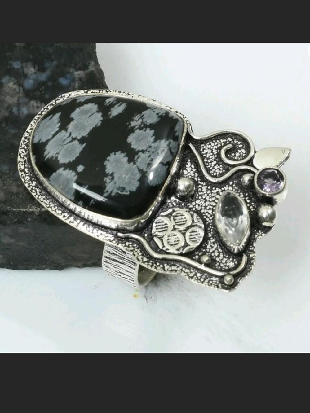NEW✨️Snowflake Obsidian Amethyst Topaz Gemstones .925 Sterling Silver Ring 7.5